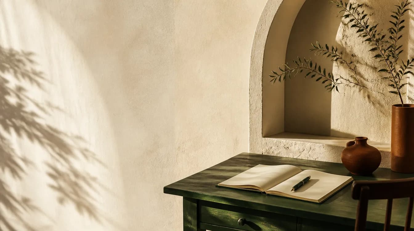 An open notebook on a forest-green desk, beside a sunlit plaster arch.